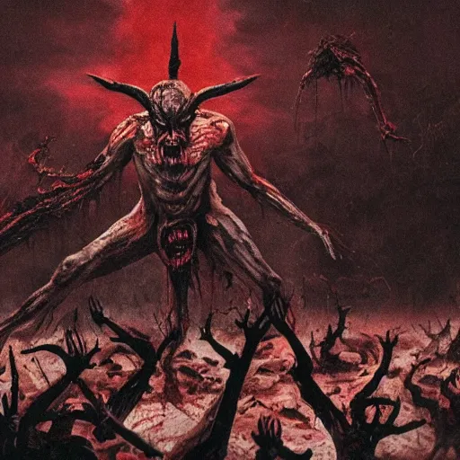 Image similar to demon eating man flesh on a huge pile of dead bloody bodies, rivers of blood running down, black ground, black sky, red sun