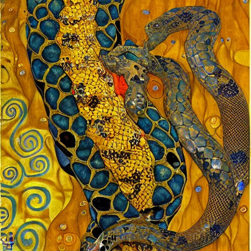 Image similar to detailed oroboros snake biting its tail frathered serpent painting by gustav klimt