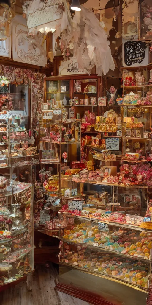 Image similar to Inside a beautiful magical old fashioned sweet shop, vendor interior, wide angle, cinematic shot, highly detailed, cinematic lighting , photo-realistic