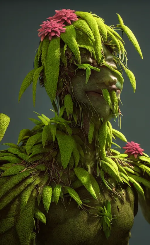 Image similar to a plant creature, foliage, plant filaments, flowers, humanoid shape, full body, photorealistic, 4 k, octane render, cinematic lighting, artistic photography, insanely detailed and intricate