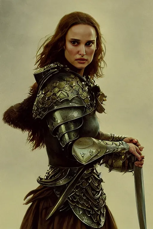 Image similar to natalie portman, legendary warrior, heroic, lord of the rings, tattoos, decorative ornaments, battle armor, by carl spitzweg, ismail inceoglu, vdragan bibin, hans thoma, greg rutkowski, alexandros pyromallis, perfect face, fine details, realistic shading photorealism