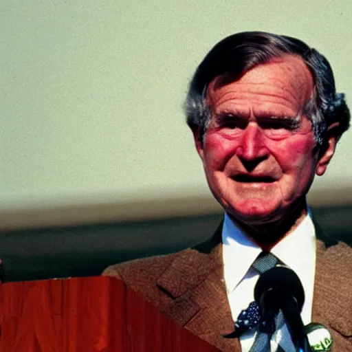 Prompt: George HW Bush in a puffy rainbow wig, speaking at a podium (1990) photo