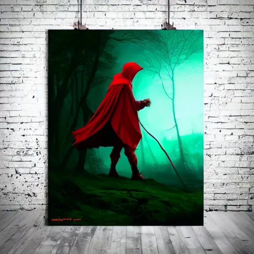 Prompt: ''cinematic shot'' red hooded mage ( spectre ) with leaves falling simetrical 8 k atmosferic realistic, green cape, holding a bell, made by ivan aivazovsky, peter mohrbacher, greg rutkowski volumetric light effect broad light oil painting painting fantasy art style sci - fi art style realism premium prints available artwork unreal engine