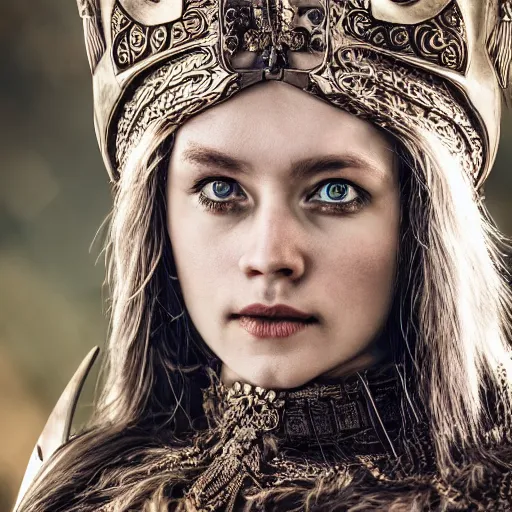 Image similar to beautiful Viking queen with ornate cloak, highly detailed, 4k, HDR, smooth, sharp, focus, hyper realistic, high resolution, award-winning photo