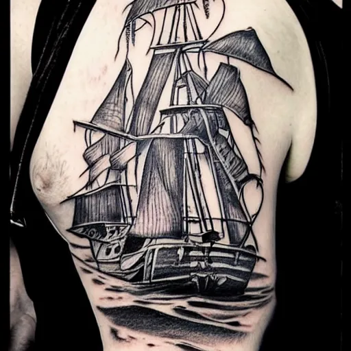 Prompt: a pirate ship sailing in the sea, realism tattoo design, amazing shades, clean white paper background, in the style of Matteo Pasqualin