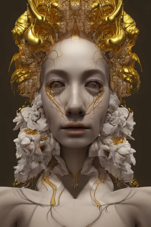 Prompt: A portrait of a surreal goddess With white flowers around it,, ((Gold fluid simulation in the background)), perfectly proportioned face, ultra super good realistic 3D render by Pete Morbacher and Emil Melmoth, insanely detailed, trending on artstation