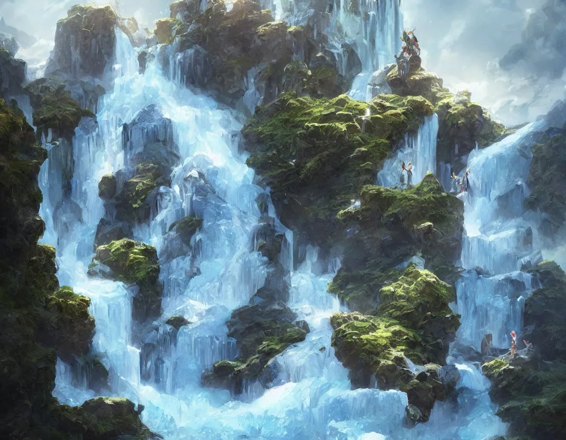 Image similar to hyper realistic oil painting of frozen little island planet with waterfall, rising in the air, highly detailed, digital painting, artstation, concept art, smooth, sharp focus, illustration, art by artgerm and greg rutkowski and alphonse mucha