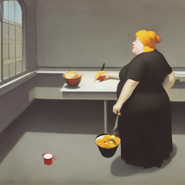 Prompt: a fat lady dressed in black holding a large frying pan edward hopper