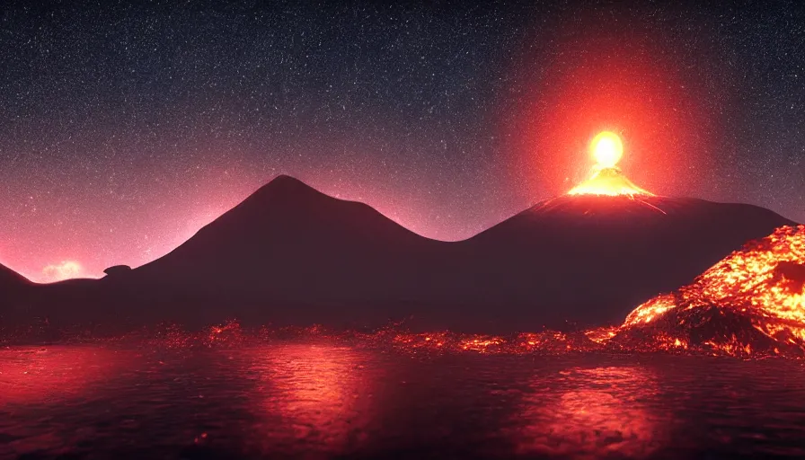 Image similar to volcano at night, island in front of the full moon, shimmering stars, moody atmosphere, glowing lava, water, unreal engine, realistic shading, realistic render, octane render, detailed textures, photorealistic, wide shot