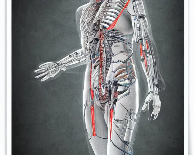 Image similar to female cyberpunk android, highly detailed labeled medical anatomy poster anatomical drawing, high resolution