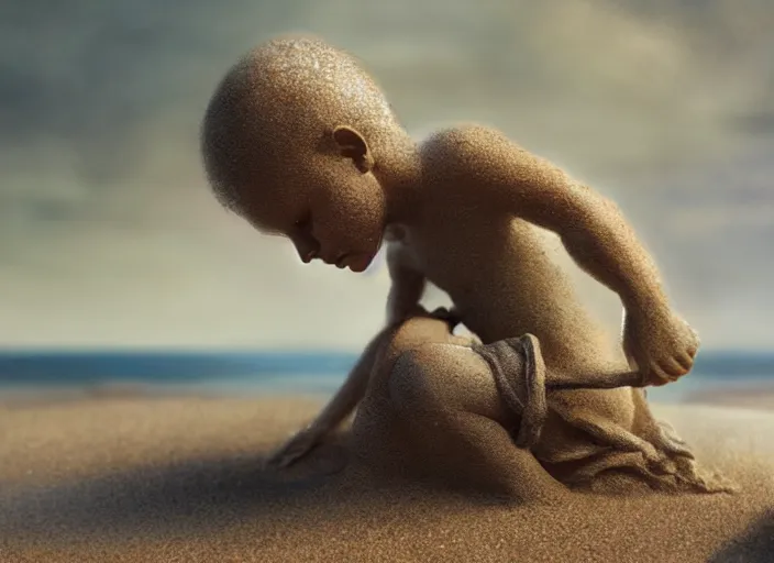 Prompt: a full shot of a little man made of sand, standing on a beach, slowly eroding due to wind, intricate details, digital art by wlop, deviantart contest winner, fantasy art, digital illustration, digital painting, photoillustration