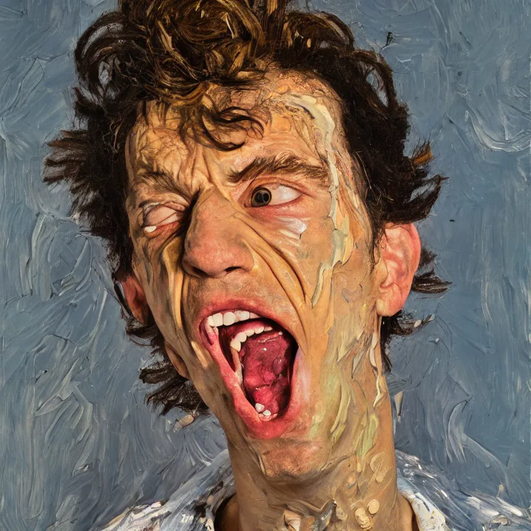 Image similar to warmly lit close up studio portrait of young angry!! screaming! teenage Cosmo Kramer furious!, impasto oil painting thick brushstrokes by Lucian Freud and Cy Twombly and Tim Hawkinson , trending on artstation dramatic lighting Expressionism