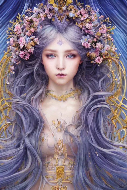 Image similar to breathtaking detailed soft painting of a full shot knight queen with long flowing blue hair, pastel flowers petals and golden ribbons flying, art by pilyeon and yuumei art, symmetrical facial features, at dawn in front of a pristine golden art nouveau cathedral, elegant, volumetric lighting, highly detailed, artstation, concept art, matte, sharp focus,