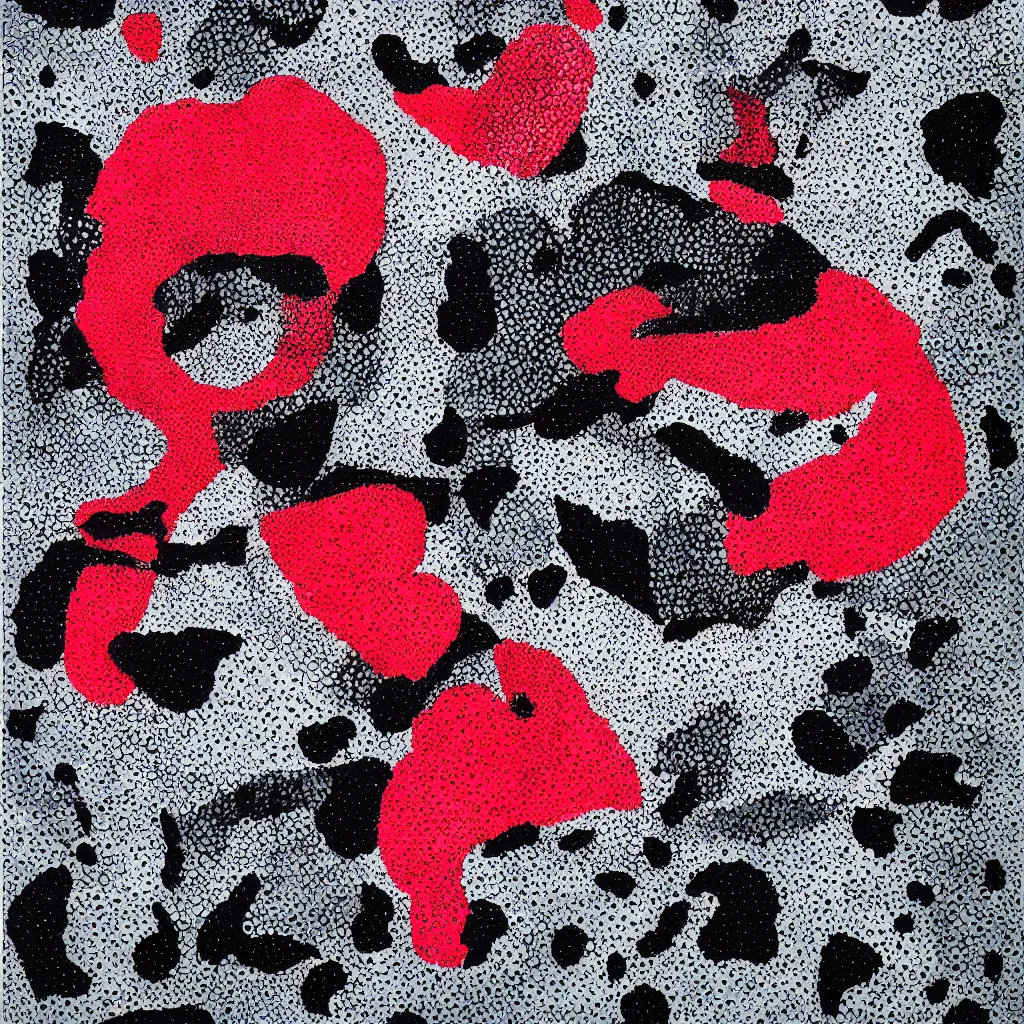 Image similar to camo made of teeth, smiling, abstract, rei kawakubo artwork, cryptic, dots, stipple, lines, splotch, color tearing, pitch bending, color splotches, hearts, dark, ominous, eerie, minimal, points, strawberries, technical, old painting