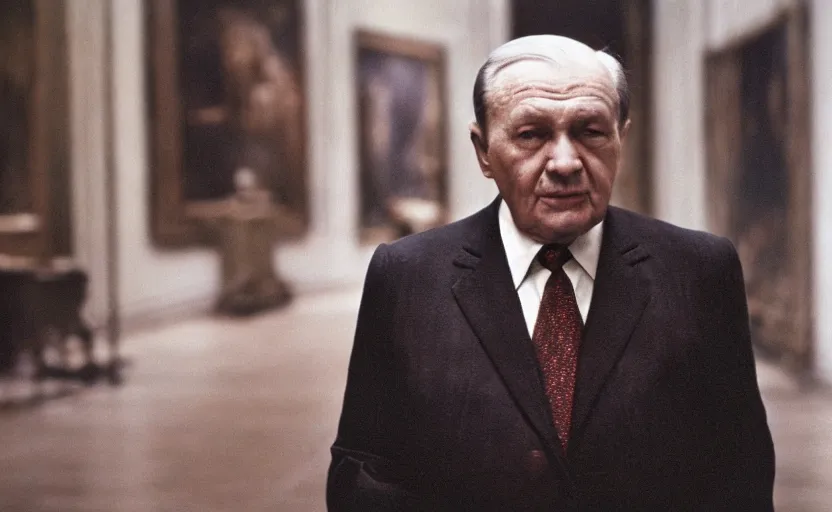 Image similar to 50s movie still close-up portrait of an elder soviet general walking in an empty museum, by David Bailey, Cinestill 800t 50mm eastmancolor, heavy grainy picture, very detailed, high quality, 4k, HD criterion, low quality, precise texture and facial expression