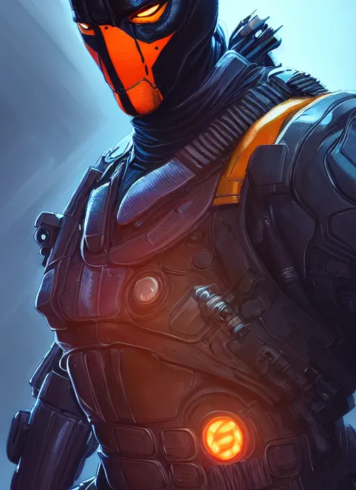 Prompt: portrait of apex legends deathstroke, intricate, elegant, glowing lights, highly detailed, digital painting, artstation, glamor pose, concept art, smooth, sharp focus, illustration, art by artgerm and greg rutkowski, artey freytag