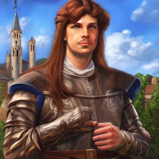 Image similar to portrait of a young squire, illustration by larry elmore, michael wellen, john stephens, in a medieval city, tone mapping, airbrushed clouds, trending on artstation