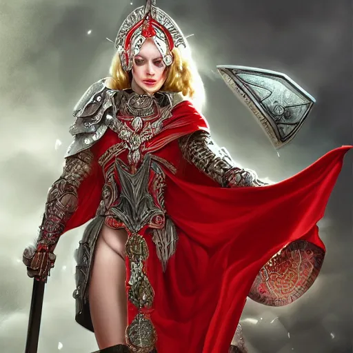 Prompt: a beautiful woman in a crimson cloak holding a glowing white spear and an obsidian shield, silver intricate armor, spotlight, ornate, realistic, fantasy art