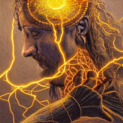 Prompt: mythological Greek Athenian Shaman of artificial intelligence creating an artificial neural network with yellow synapses on an anvil at dawn, high resolution, award winning art, trending on art station, sharp image, incredibly detailed, detailed character realistic painting
