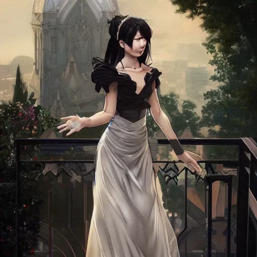 Prompt: cassandra cain in a wedding dress, on a balcony, hair in a high ponytail, cg animation, riot entertainment, arcane, realistic, character select portrait, by artgerm, greg rutkowski, alphonse mucha, 3 d