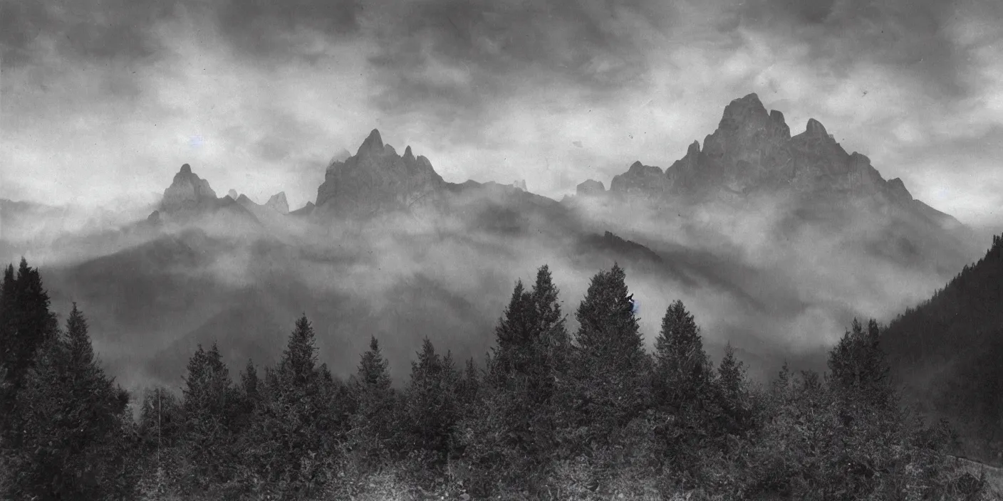 Prompt: dark tyrolean valley with foggy dolomites in background photographed from the valley, 3 5 mm, dark, eerie, 1 9 2 0 s ghost photography