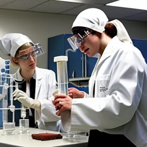 Prompt: a female professor and jesus in a university chemistry lab, running the expirment that proofs jesus transubstantiation