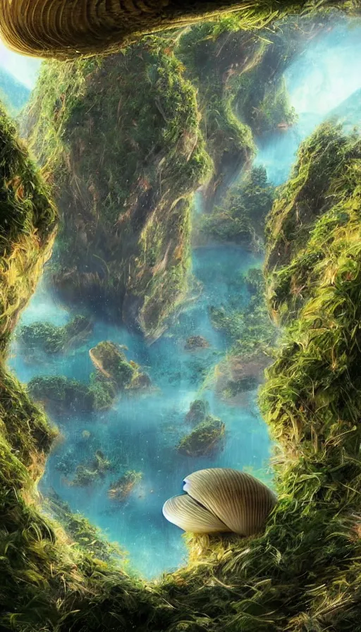 Prompt: beautiful portrait of bamboo living pods shaped like a sea shell built on the side of a cliff, the time machine, space craft by john berkey, panoramic view, ssci - fi, futuristic valley, rendered in octane, zbrush, rendered in cinema 4 d, art by artgerm, artwork by alex grey and brian froud and esao andrews and david hardy