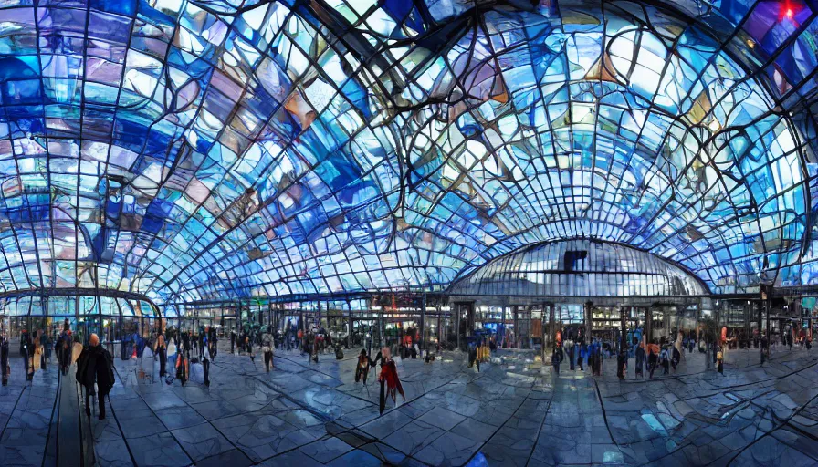 Prompt: futuristic train station with stained glass, blue lights, giant glass dome, fountain, trains, trees, crowded place, brussels, hyperdetailed, artstation, cgsociety, 8 k