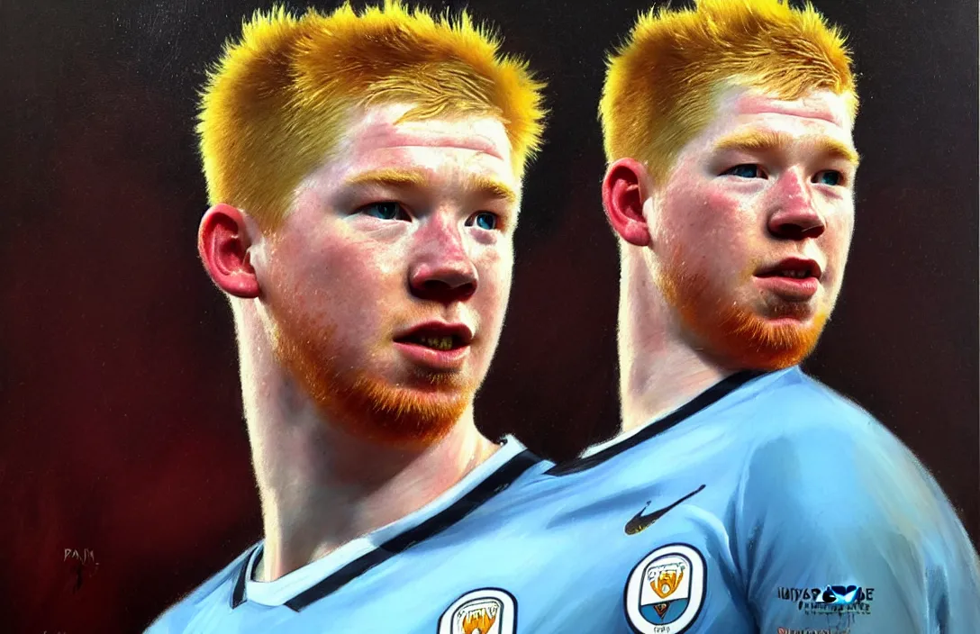 Prompt: portrait of kevin de bruyne manchester city!!!!!!!!!!!!!!!!!!!!!!!!!!!, detailed face, detailed painting, epic lighting, by ilya repin, phil hale and kent williams