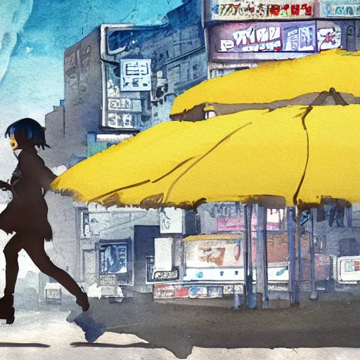 Image similar to incredible wide screenshot, ultrawide, simple watercolor, rough paper texture, ghost in the shell movie scene, backlit distant shot of girl in a parka running from a giant robot invasion side view, yellow parasol in deserted dusty shinjuku junk town, broken vending machines, bold graphic graffiti, old pawn shop, bright sun bleached ground, mud, fog, dust, windy, scary robot monster lurks in the background, ghost mask, teeth, animatronic, black smoke, pale beige sky, junk tv, texture, brown mud, dust, tangled overhead wires, telephone pole, dusty, dry, pencil marks, genius party,shinjuku, koji morimoto, katsuya terada, masamune shirow, tatsuyuki tanaka hd, 4k, remaster, dynamic camera angle, deep 3 point perspective, fish eye, dynamic scene