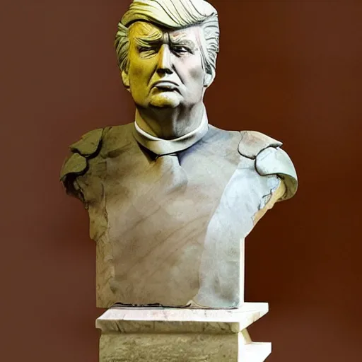 Image similar to a sculpture of Donald trump made by Donatello, marble