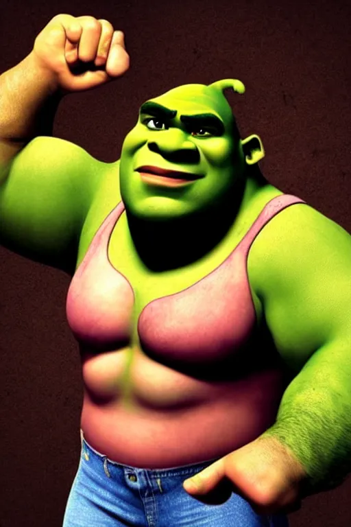 Image similar to buff shrek, tinder profile,