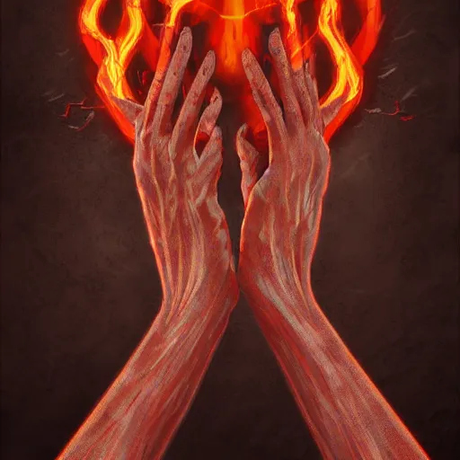 Image similar to two demonic hands hold the earth, flames in the background, artstation