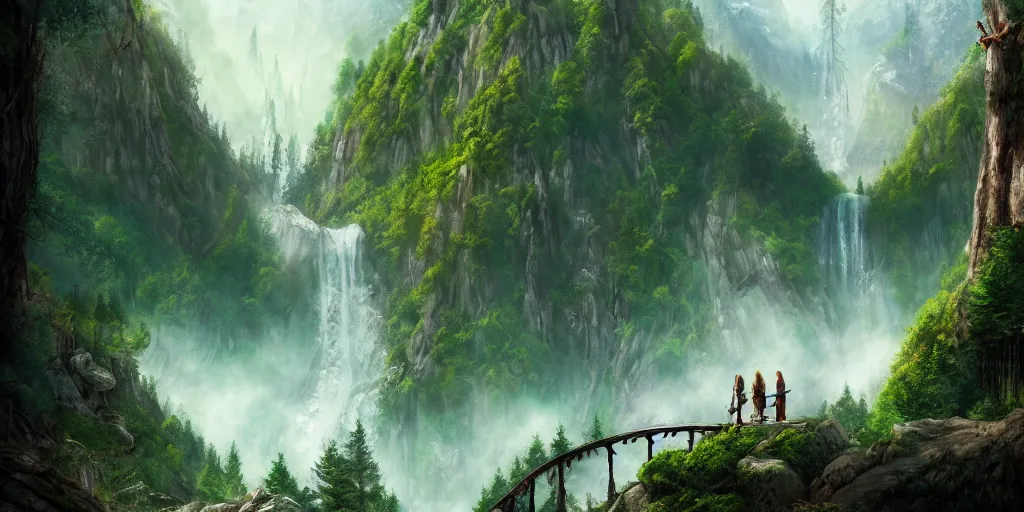 Prompt: rivendell. mountains. beautiful forest. concept art. epic. cinematic. 3 5 mm film. photorealistic, high details, artstation.