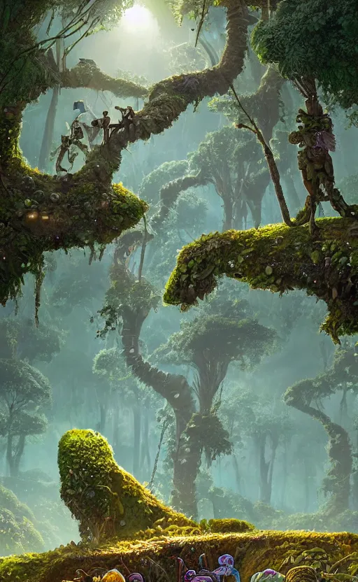 Image similar to microscopic tardigrade, microbiology, magical forest, ruins, civilization, vegetation, mayan, futuristic, sharp focus, electric, backlight, furry, soft, concept art, intricate details, highly detailed, photorealistic, disney pixar, james gilleard, moebius, print, iridescent, global illumination, anime, game art