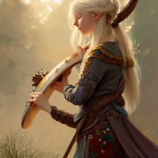 Image similar to elf fairy blond with a beautiful face, holding a lute, wearing a cardigan, highly detailed, intricate, digital painting, artstation, sharp focus, illustration, art by jakub rozalski, greg rutkowski, artgerm, tan zi and ayanamikodon and alphonse mucha and wlop