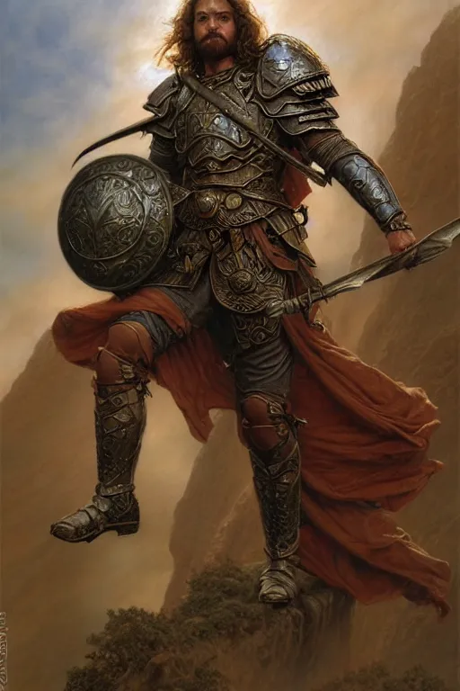 Image similar to masterpiece matte painting of a warrior falling from the clouds, male, breastplate, magical, high fantasy, d & d, by donato giancola, face details, extremely detailed, digital illustration