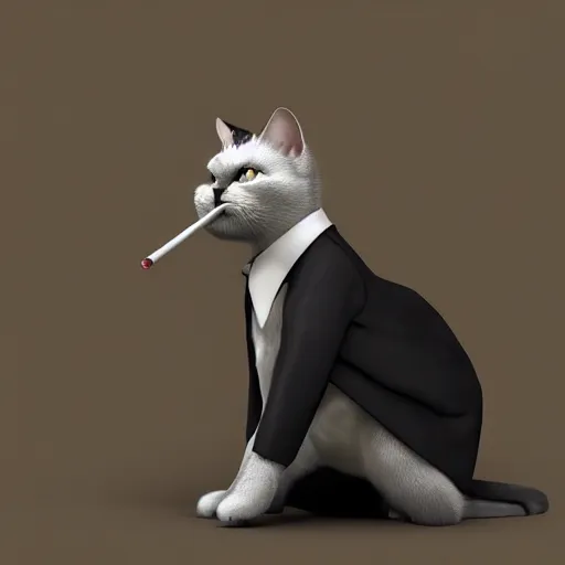 Prompt: a high quality photo of a cat wearing a suit and smoking, render, ultra realistic, cgsociety