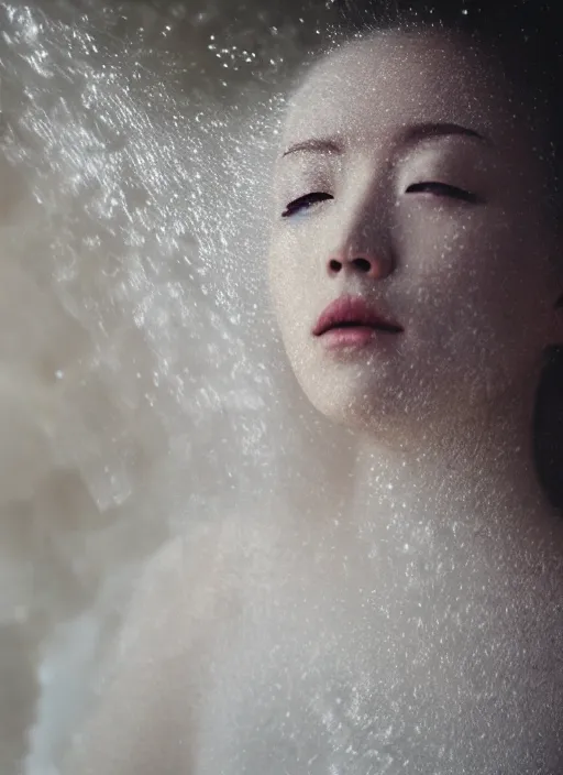 Image similar to Kodak Portra 400, 8K, soft light, volumetric lighting, highly detailed, Kasumi Arimura style 3/4 ,portrait photo of Japanese Goddess, the face emerges from Pamukkale, thermal waters flowing down white travertine terraces, inspired by Ophelia paint , a beautiful luxurious celestial suit and hair are intricate with highly detailed realistic beautiful flowers , Realistic, Refined, Highly Detailed, ethereal outdoor pastel lighting colors scheme, outdoor fine art photography, Hyper realistic, photo realistic