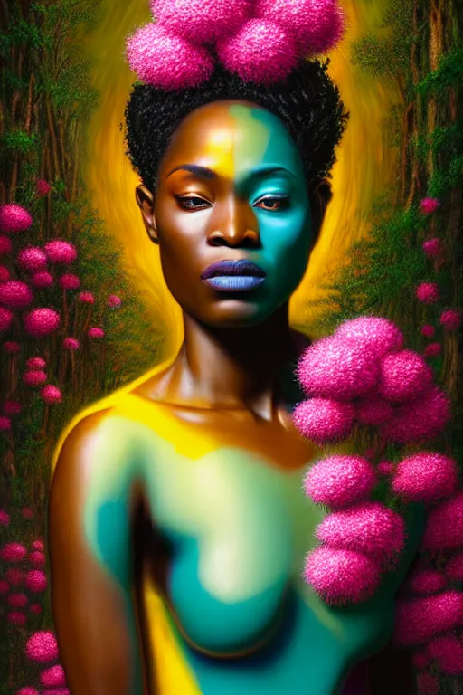 Prompt: hyperrealistic neo - rococo cinematic super expressive! yoruba goddess with exoskeleton armor, merging with tree in a forest, pink yellow flowers, highly detailed digital art masterpiece, smooth etienne sandorfi eric zener dramatic pearlescent soft teal light, ground angle hd 8 k, sharp focus