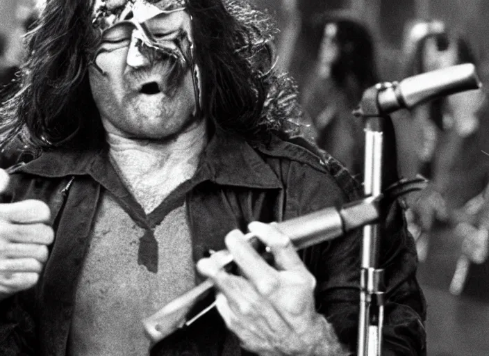 Image similar to promotional image of robin williams in a heavy metal band in a movie from 1978, rugged black clothes, detailed face, movie still frame, promotional image, imax 70 mm footage