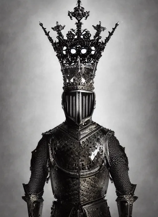 Image similar to portrait of king arthur knight with a crown with engravings, studio portrait against a black background, modern fine art, fractal, intricate, elegant, highly detailed, digital photography, subsurface scattering, in the style of ghost, by jheronimus bosch and yue minjun and giger and greg rutkowski,