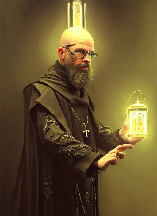 Image similar to portrait of a cyberpunk orthodox priest, grim - lighting, high - contrast, intricate, elegant, highly detailed, centered, digital painting, artstation, concept art, smooth, sharp focus, illustration, artgerm, tomasz alen kopera, peter mohrbacher, donato giancola, joseph christian leyendecker, wlop, boris vallejo