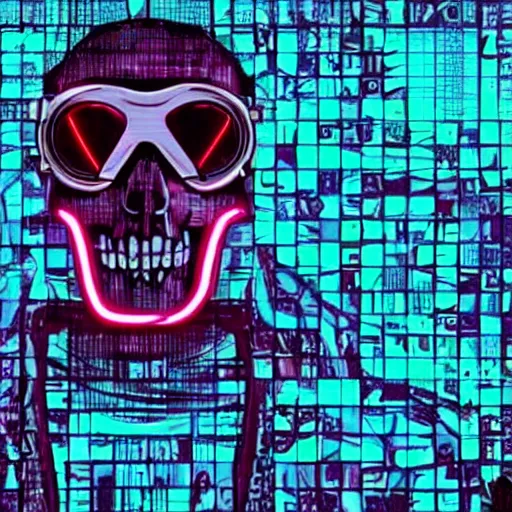 Image similar to a skull man wearing goggles with the words pixel spelt out above in a cyberpunk aesthetic