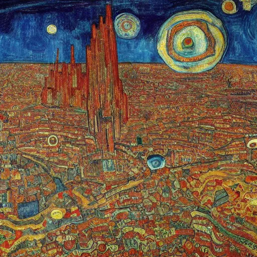 Image similar to satanic powerful galactic city blob goose vision dish soul , by Egon Schiele and Vingent van Gogh and Paul Cézanne , cluttered , renaissance painting , impressionism