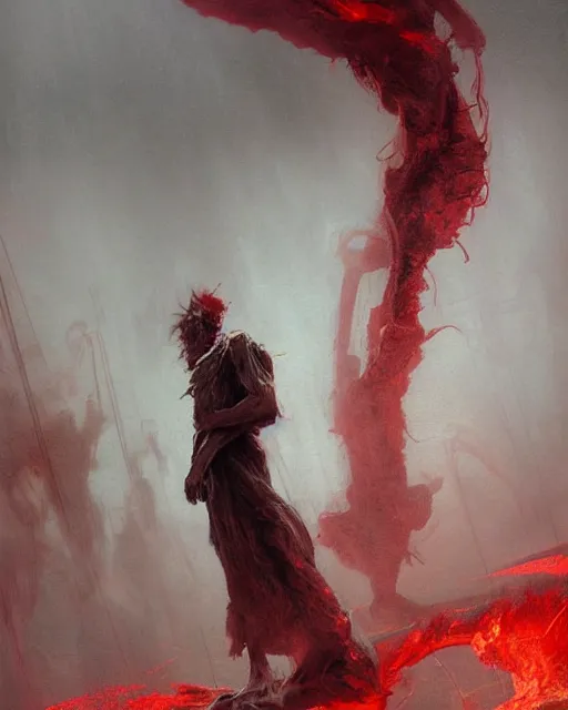 Image similar to a highly detailed epic cinematic concept art CG render digital painting artwork: An Ethereal creature made out of smoke wearing a red had in a decayed gas station. volumetric lighting. By Greg Rutkowski, in the style of Francis Bacon and Syd Mead and Norman Rockwell and Beksinski, open ceiling, highly detailed, painted by Francis Bacon and Edward Hopper, painted by James Gilleard, surrealism, airbrush, Ilya Kuvshinov, WLOP, Stanley Artgerm, very coherent, triadic color scheme, art by Takato Yamamoto and James Jean