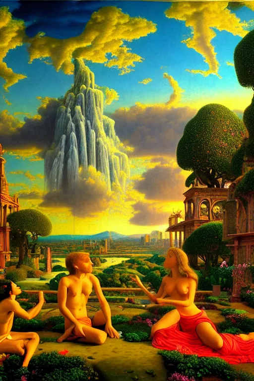 Prompt: a photorealistic detailed cinematic image of a beautiful vibrant iridescent future for human evolution, spiritual science, divinity, utopian, cumulus clouds, ornate retreat, wildlife preservation, waterfall, isometric, by paul delvaux, james christensen, rob gonsalves and tim white, david a. hardy, kinkade, lisa frank, wpa, public works mural, socialist