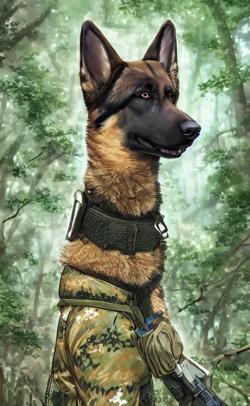 Image similar to close up character portrait icon of the german shepard military uniform head animal person fursona wearing clothes standing in the bright forest, hidari, color page, tankoban, 4 k, tone mapping, akihiko yoshida