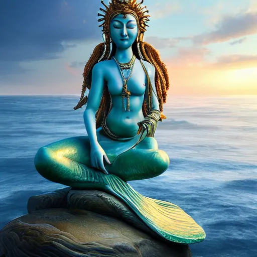 Prompt: stunning artstation style portrait painting of a mermaid bodhisattva, praying meditating prayer hands, on the beach, by the ocean, stunning sky, WLOP, 8k masterpiece, curvy, slim build, full frame shot, cinematic lighting, pristine clean design, fantasy, insanely detailed, atmospheric