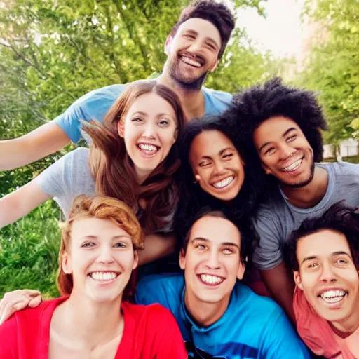 Prompt: a group of friends smiling into the camera